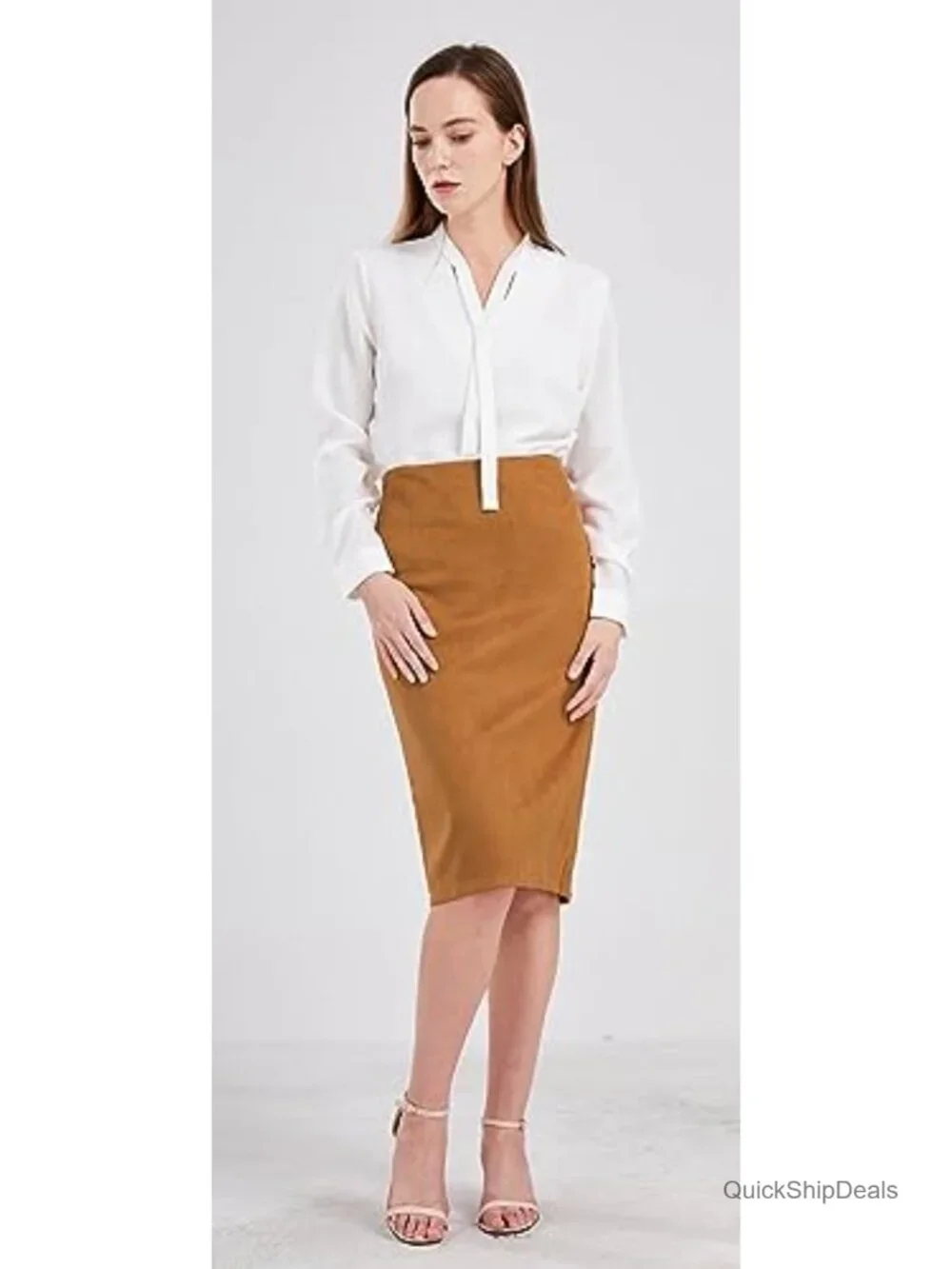 Women's Faux Suede High Waist Midi Pencil Skirt with Back Slit